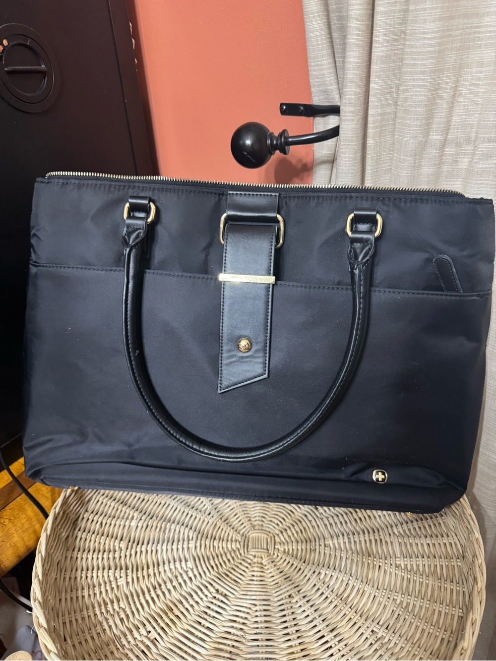 Women's Black Laptop Tote Bag with Gold Hardware